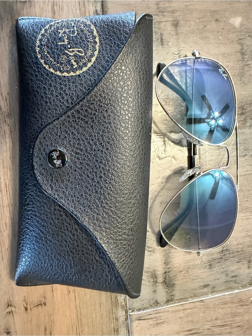 Ray-Ban Black Leather Sunglasses Case with Blue Lensed Aviator Sunglasses